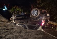 Carro capota após colisão com cabeceira de ponte em Simão Dias