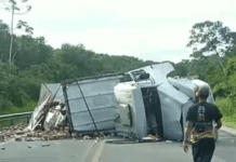 Carreta carregada de cerveja tomba na BR-101 em Cristinápolis e populares saqueiam a carga