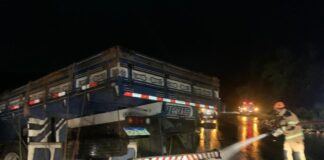 Três homens ficam feridos após caminhão com carga de melancia capotar na SE-339